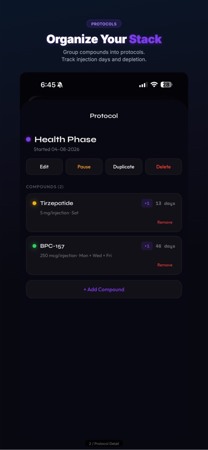 Protocol detail screen with injection schedule